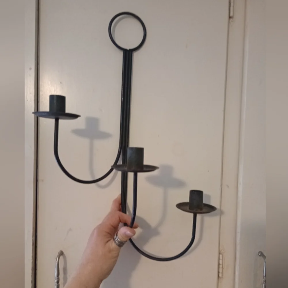 Vintage Black Metal Three Arm Wall Candle Holder